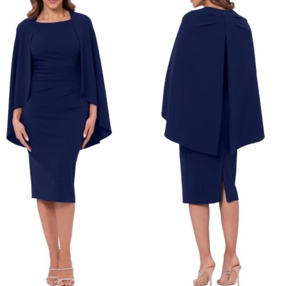 NWT Betsy & Adam Cape-Overlay Sheath Dress cocktail chic festive ruched women 10